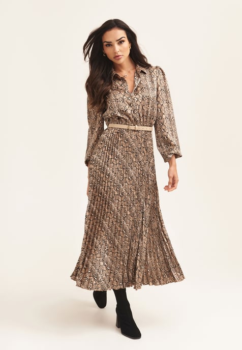Beige geplooide overhemdjurk met slangenprint en riem - Image 1