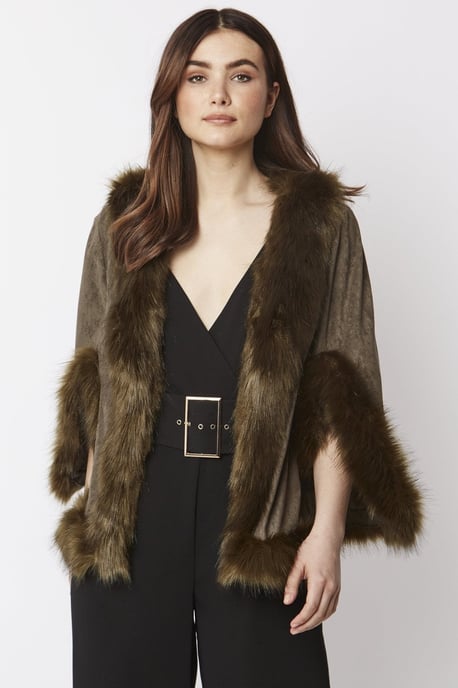 Faux Fur Faux Suede Cape Jacket