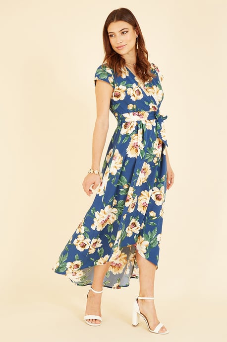 Mela Blue Painted Floral Print Dipped Hem Wrap Dress