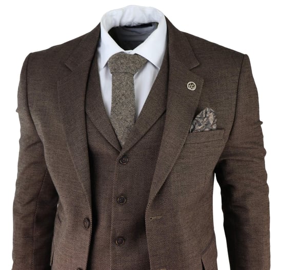 Heren Bruin 3-delige Tweed Haringbeen Pak Peaky Blinders Klassiek Maatwerk - Image 3