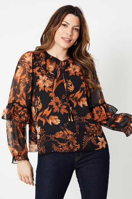 Floral Print Frill Detail Tie Neck Top