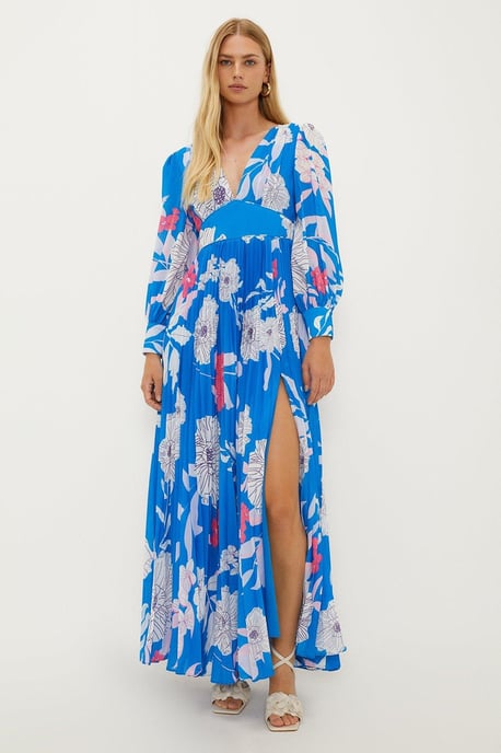 Statement Floral Tie Back Pleated Maxi Dress