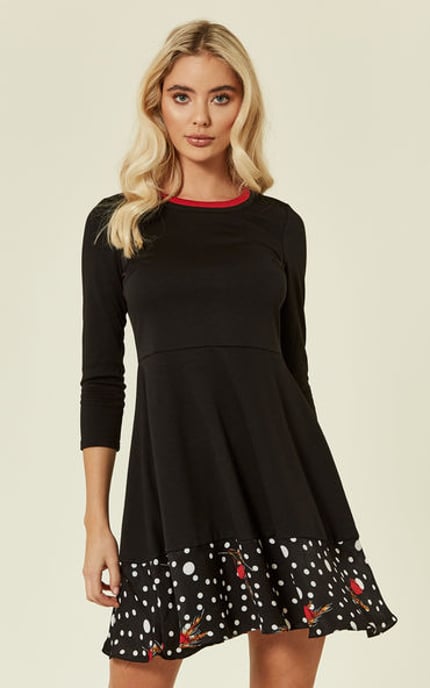 Pearls Dream Long Sleeve Mini Polka Dot Skater Dress in Black