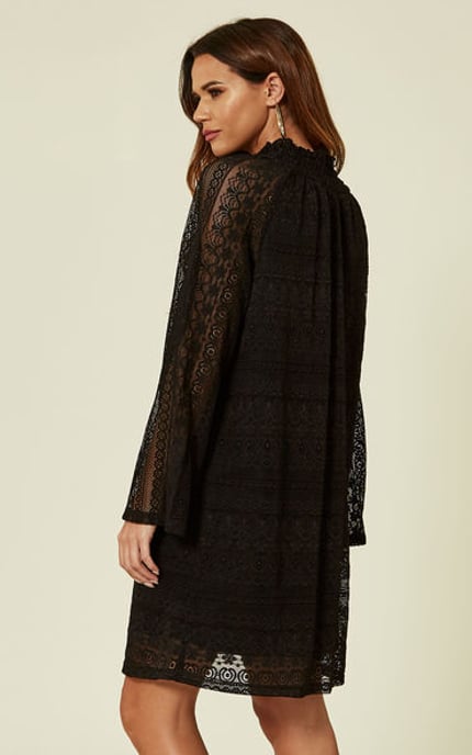 Layla Lace Longsleeve Shift Dress in Black