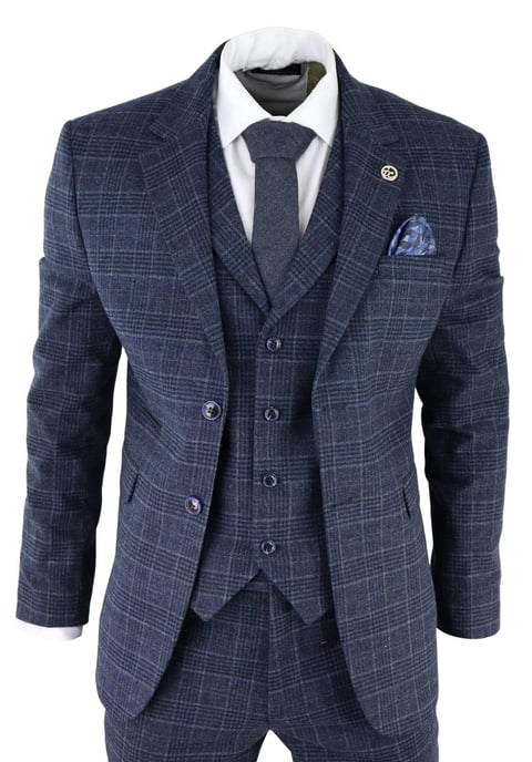 Heren Blauwe Ruit 3-delige Tweed Pak Peaky Blinders 1920s Gatsby Tailored Fit - Image 1