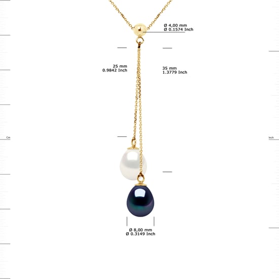 DIADEMA - Necklace You & Me - 2 Real Freshwater Pearls - Black and White - Yellow Gold