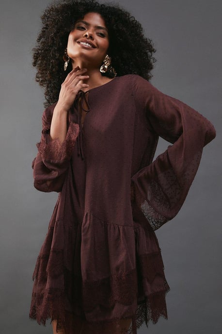 Dobby Chiffon Tie Neck Lace Hem Mini Dress - Image 4