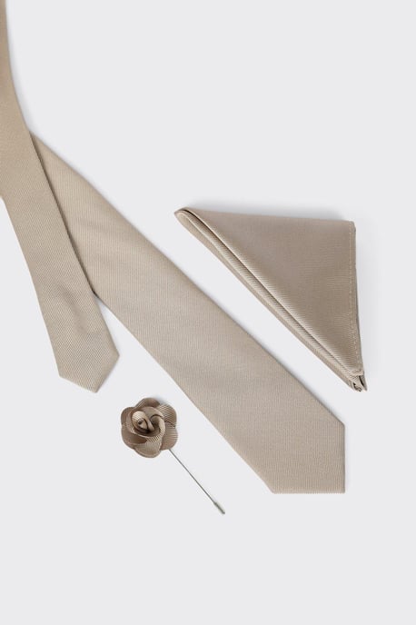 Slim Champagne Wedding Plain Tie Set With Matching Lapel Pin - Image 3