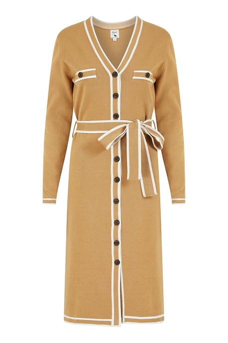 Camel Knitted Shirt Dress With Contrast Border