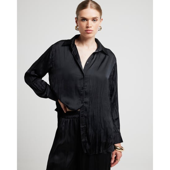 River Island Womens Shirt Black Crinkle Satin Collared Long Sleeve - Image 1