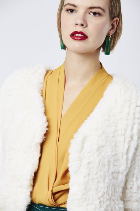 Hand Knitted V-Neck Faux Fur Coat