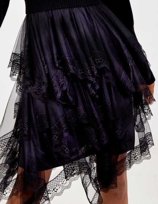 KATHERINE - High Neck Puff Sleeve Mesh Trim Jumper