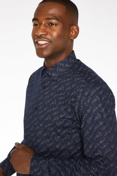 Navy Base Floral Printed Long Sleeved Shirt
