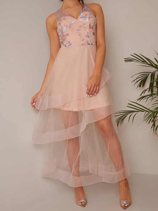 Embroidered V Neck Mesh Skirt Dip Hem Midi Dress in Pink