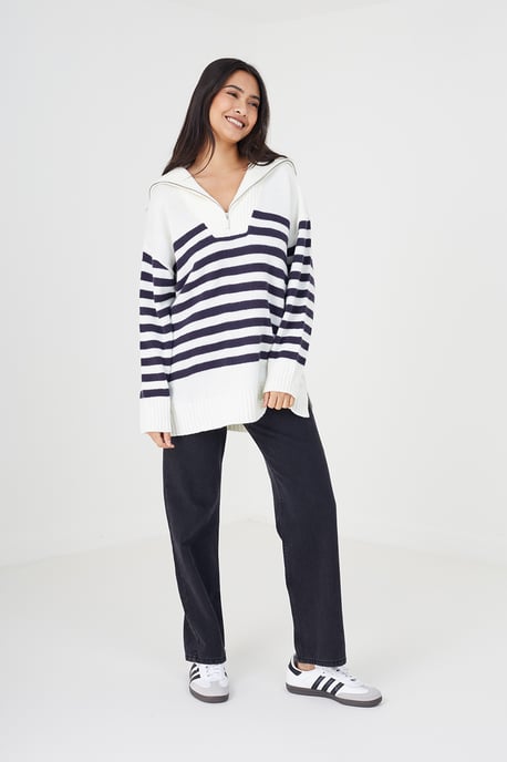 Ivory 'Fashion' Striped Oversized 1/2 Zip Knitted Jumper