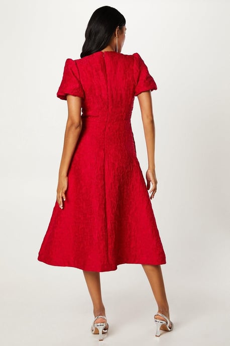 Coast Womens Fit & Flare Dress Red Polyester V-Neck Short Sleeve Midi Jacquard