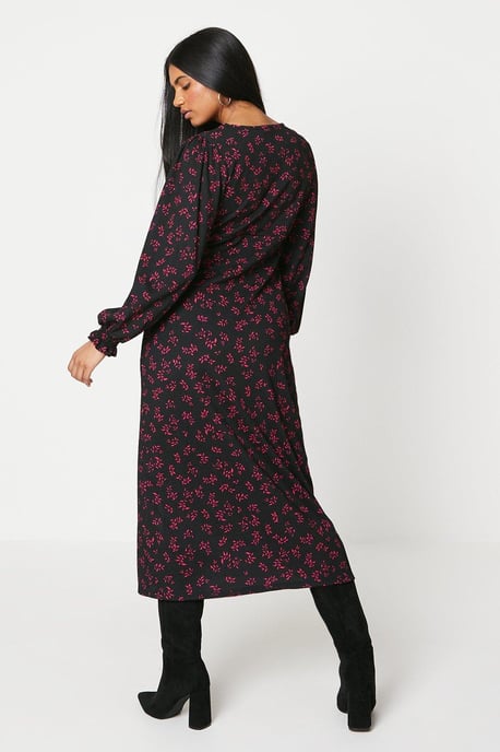 Petite Black Ditsy Shirred Cuff Midi Dress