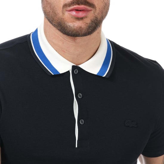 Men's Lacoste Slim Fit Striped Collar Pique Polo Shirt in Navy