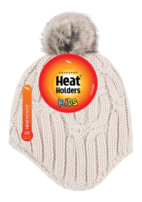 Heat Holders - Kabelgebreide Muts Voor Meisjes Met Pom Pom - Buttercream - Image 2