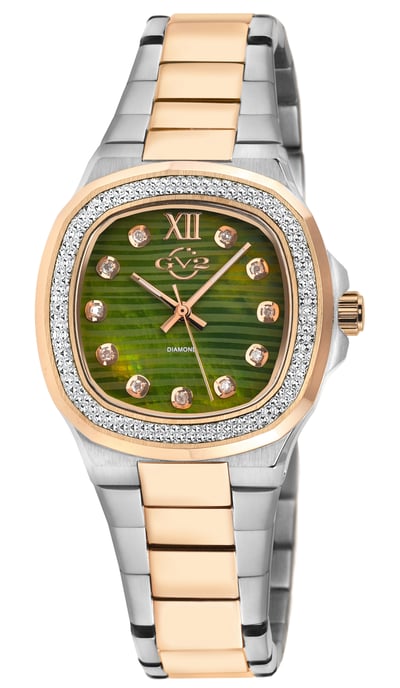 GV2 Potente Lady Swiss Quartz Green MOP Dial, 316L Stainless Steel Two toned IPRG Diamond Watch
