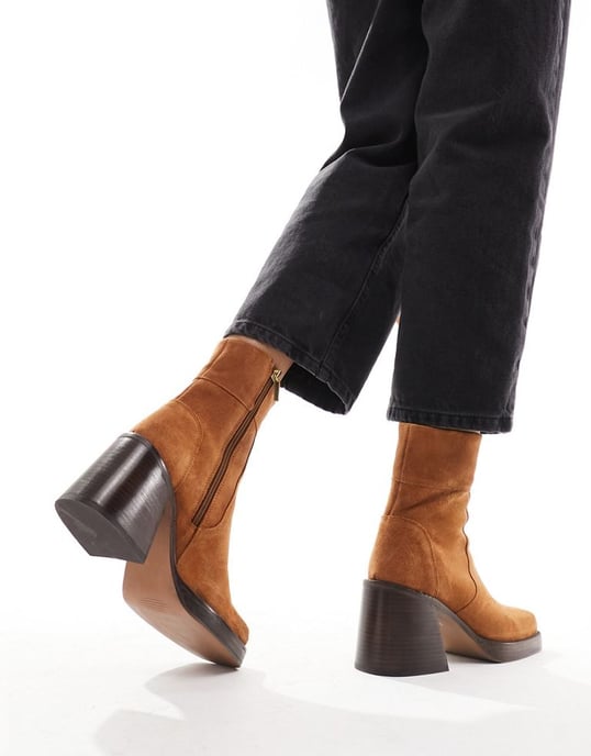 ASOS DESIGN Wide Fit Region suede mid-heel boots in tan-Brown