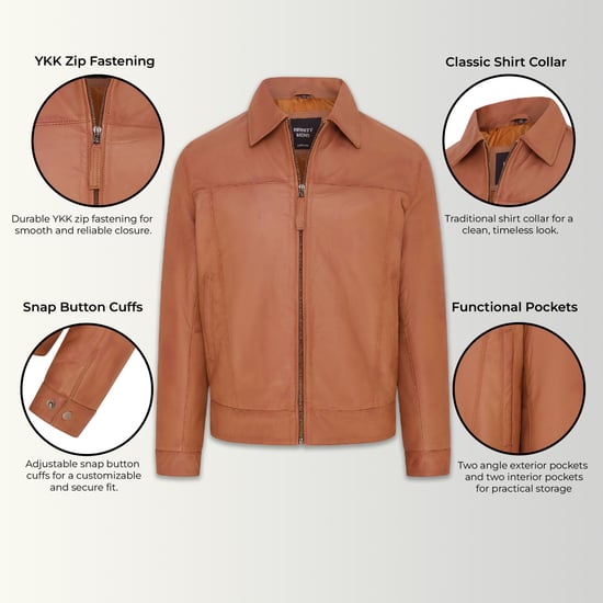 Mens Tan Retro Classic Leather Harrington Biker Jacket - Drammen