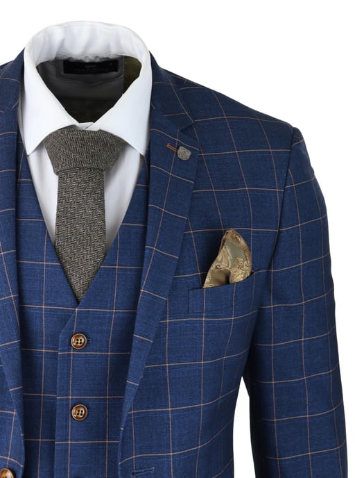 Heren 3-delige Kostuum Blauw Goud Check Peaky Blinders 1920 Gatsby Stijl Vintage Kostuum - Image 5