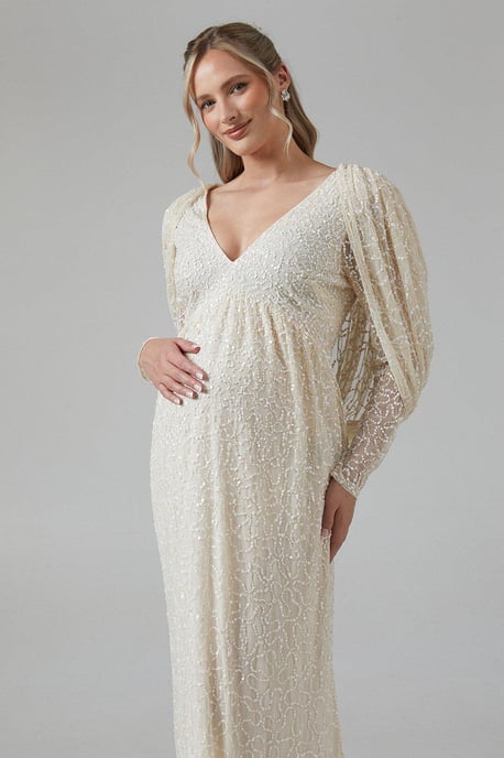 Maternity Cowl Back Long Sleeve Embellished Wedding Dress