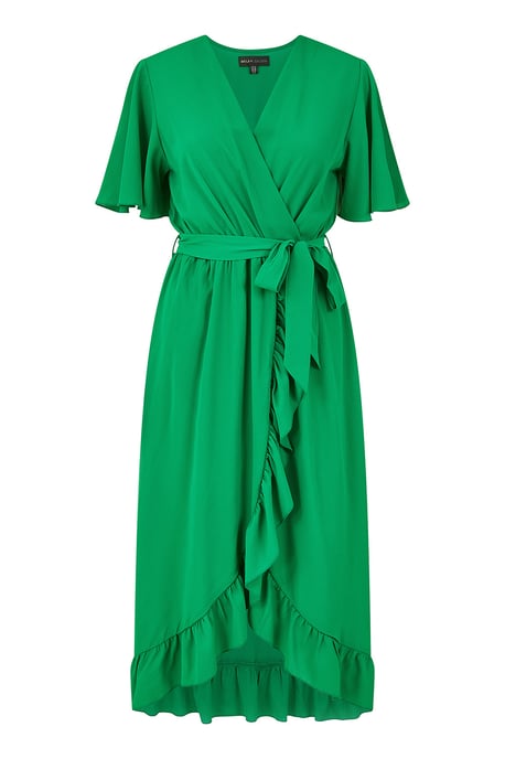 Green Wrap Over Frill Hem Dress