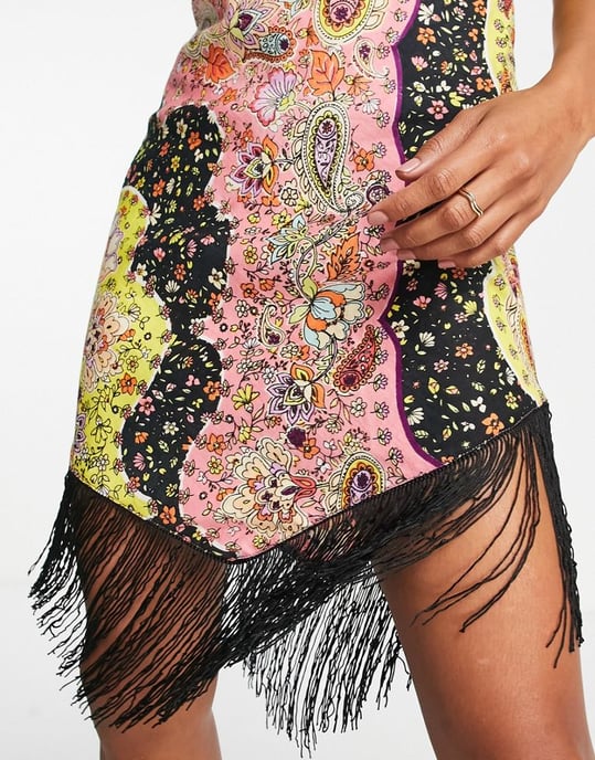 ASOS DESIGN hanky mini sundress with fringe detail in scarf print-Multi