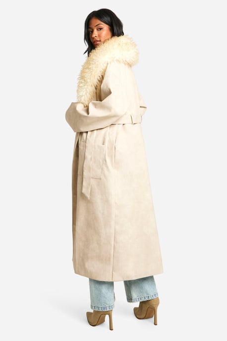 Tall Faux Fur Collar Vintage Look Faux Leather Trench Coat - Image 2