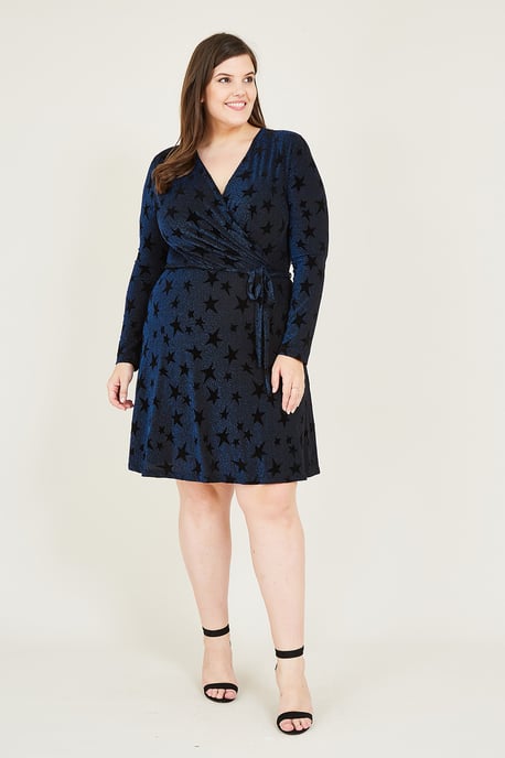 Yumi Plus Size Star Velour Navy Wrap Dress