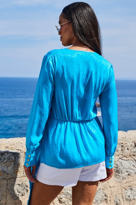 Aqua Blue Satin Jacquard Longline Wrap Top