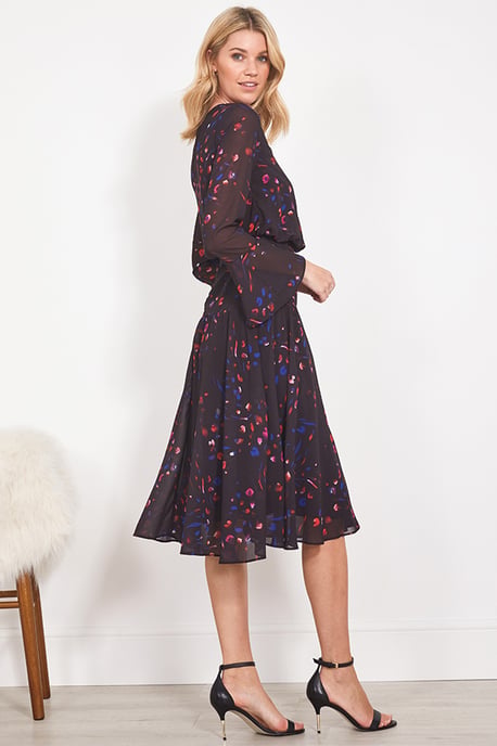 Black Abstract Floral Print Fit & Flare Dress