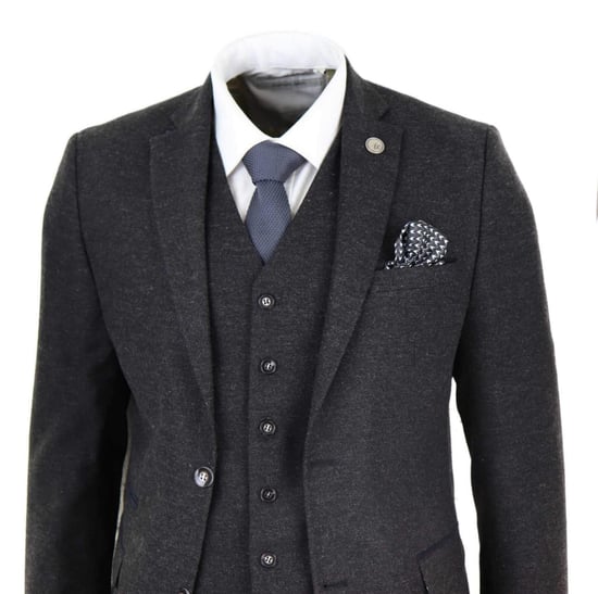 Heren 3-delige Zwarte Wol Tweed Vintage Retro Kostuum - Image 3