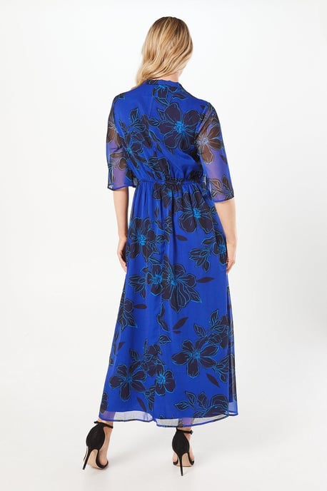 Tall Blue Floral Tie Neck Midi Dress - Image 3