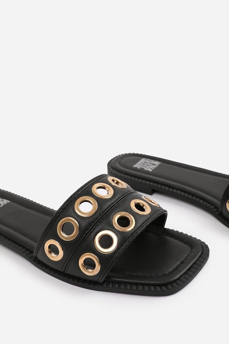 Women's Wheres That From Open Toe Flat Slide Sandals in BlackPU - Image 4