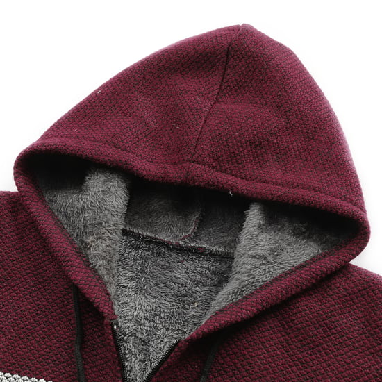 Heren Winter Transitie Cardigan met Capuchon Gevoerde Grof Gebreide Capuchon Warme Jas Bordeaux - Image 4