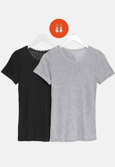 Dames 2-pack Thermische Pointelle Korte Mouw Tops in Grijs/Zwart - Image 1