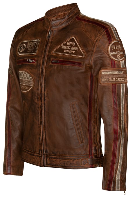Leather racing biker motorcycle jacket with zipper