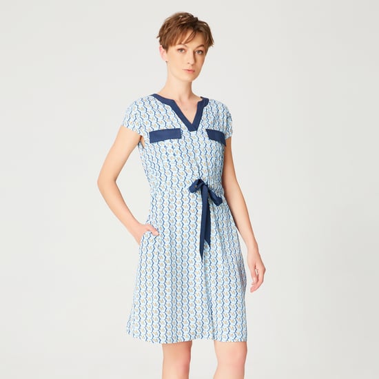 Tunic dress with drawstring belt and geometric print