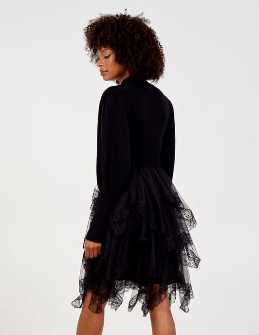 KATHERINE - High Neck Puff Sleeve Mesh Trim Jumper