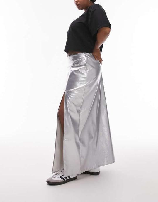 Topshop Curve vinyl double split midi skirt in silver - Image 4