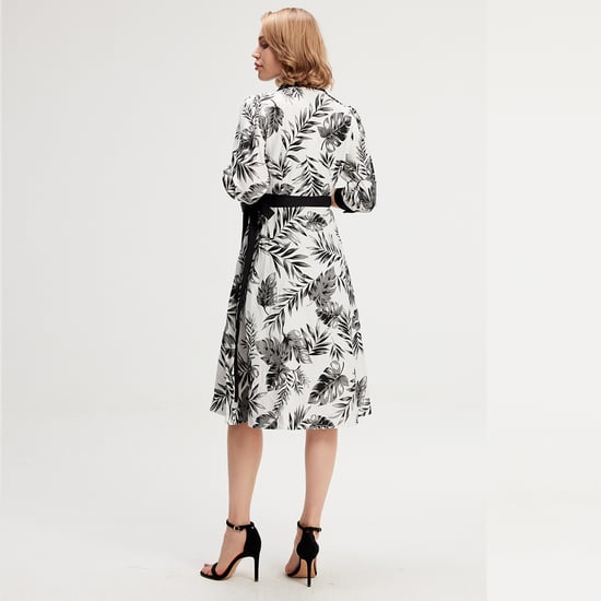 Bi-material wrap dress with tropical print