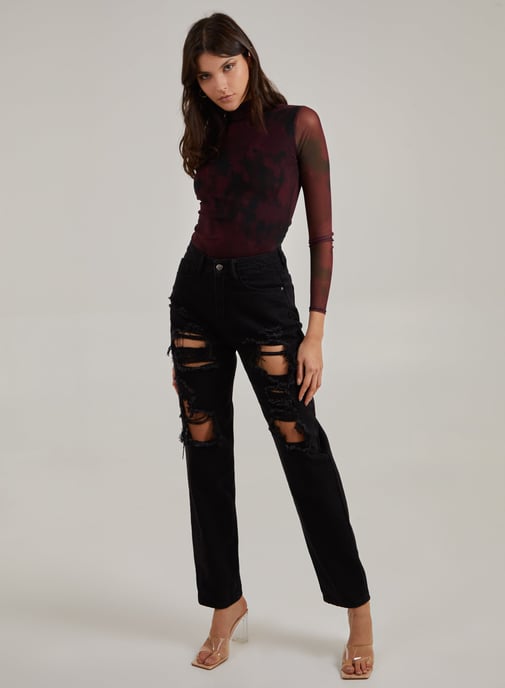 Smudge Print Long Sleeve Mesh Bodysuit