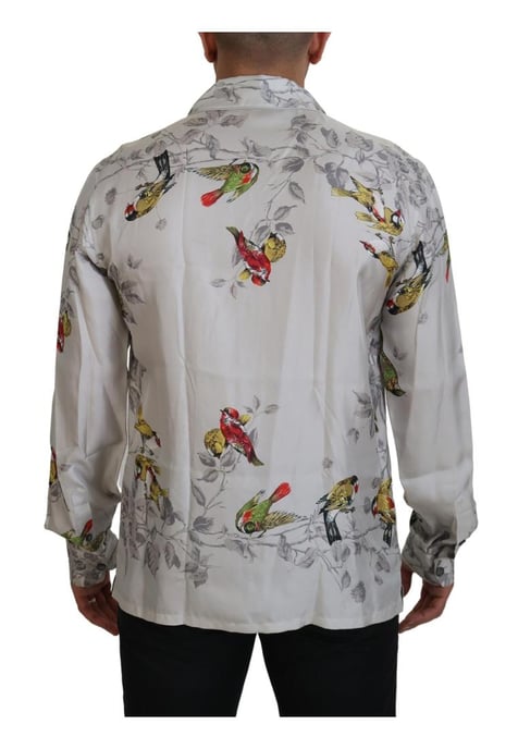 Dolce & Gabbana Heren Witte Vogelprint Zijde Satijnen Casual Overhemd - Image 3