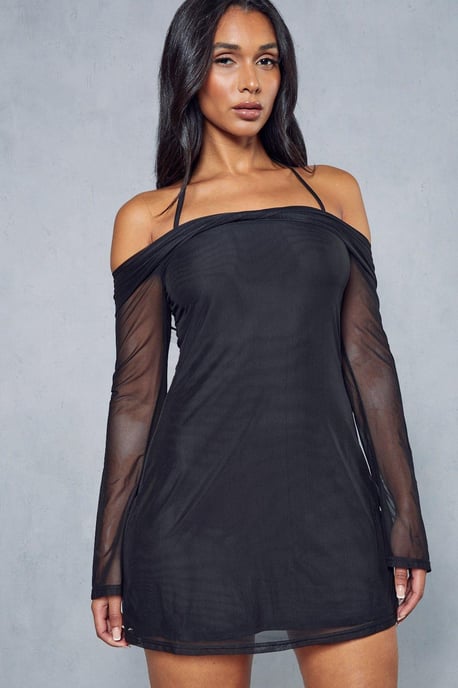 Mesh Halterneck Strap Detail Bardot Mini Dress