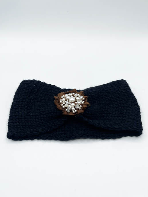 Black Knitted Headband With Pearl and Gem Flower