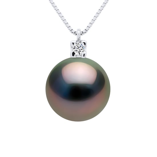 Necklace Jewelry Diamonds 0,03 Cts - Real Cultured Tahiti Pearl Round 9-10 mm