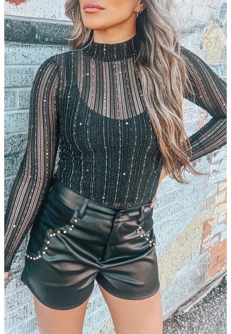 Dames Mesh Mock Neck Lange Mouw Bodysuit in Zwart - Image 4